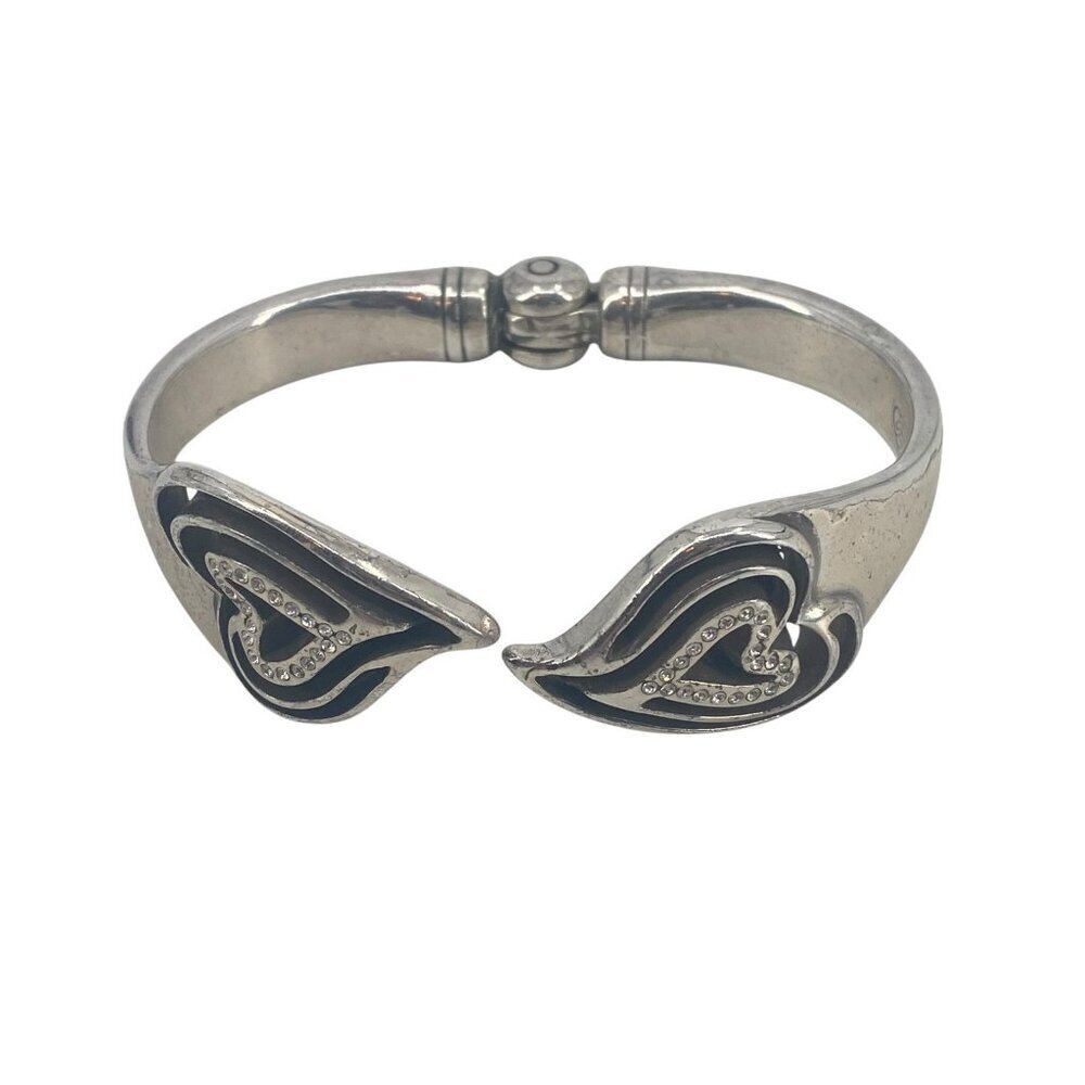Brighton Double Heart Rhinestone Clamper Bracelet Silver Plate Tarnished